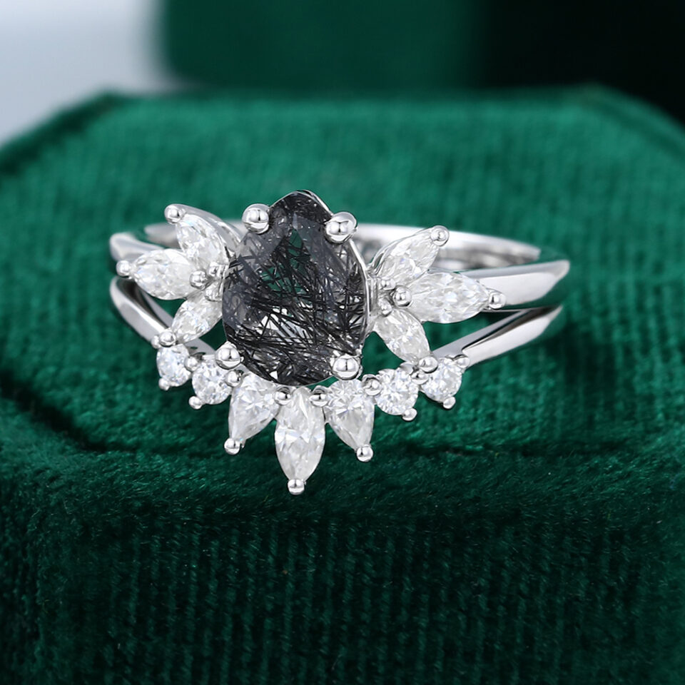 MOLLYJEWELRY White Gold Pear shaped Black Rutilated Quartz Wedding Set