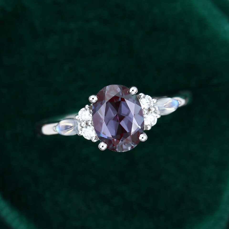 Oval Alexandrite Cluster Engagement Ring with Moonstone Accents