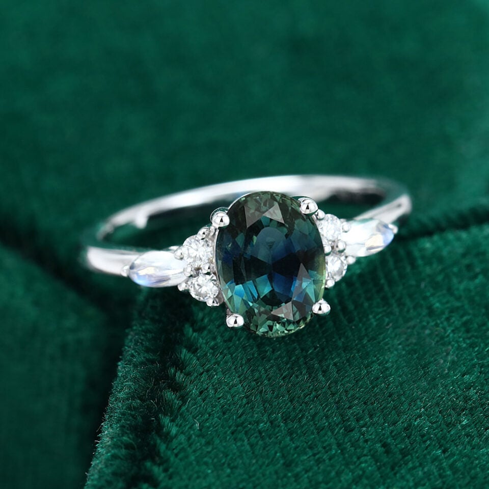 MOLLYJEWELRY White gold Green Blue Sapphire Engagement Ring