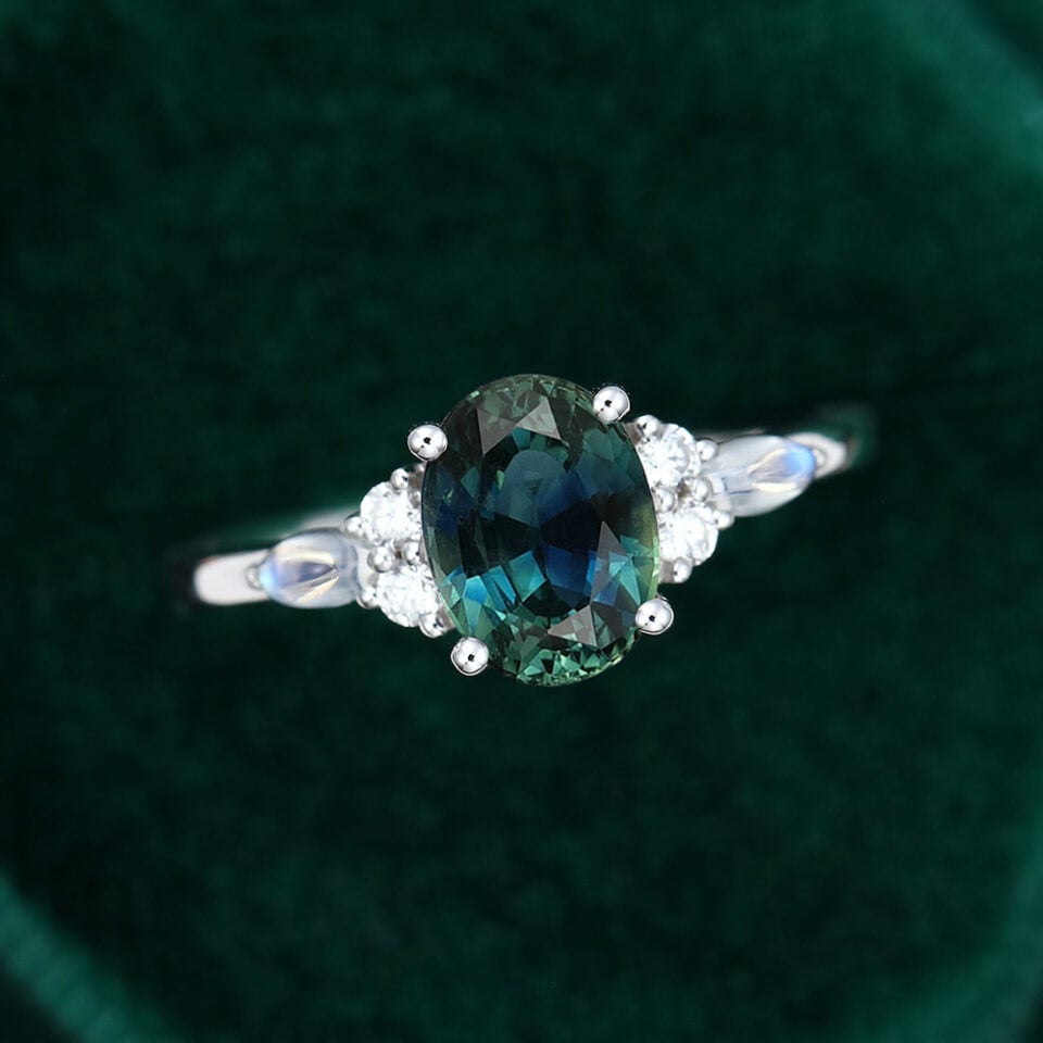 MOLLYJEWELRY White gold Green Blue Sapphire Engagement Ring