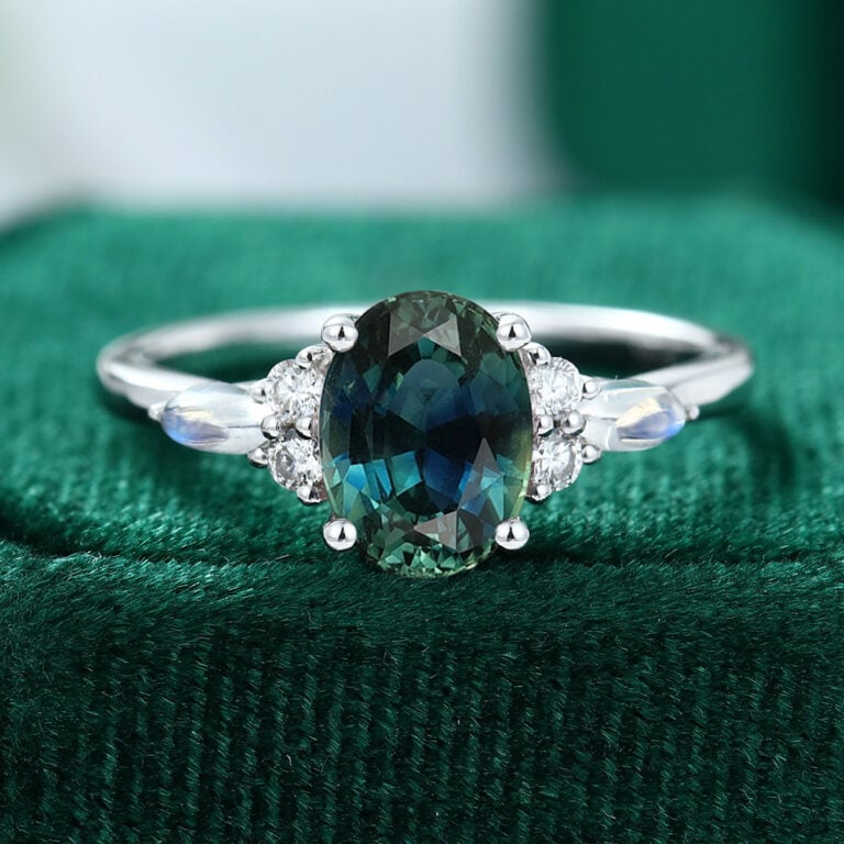 Green Blue Sapphire With Moonstone Sidestones Engagement Ring