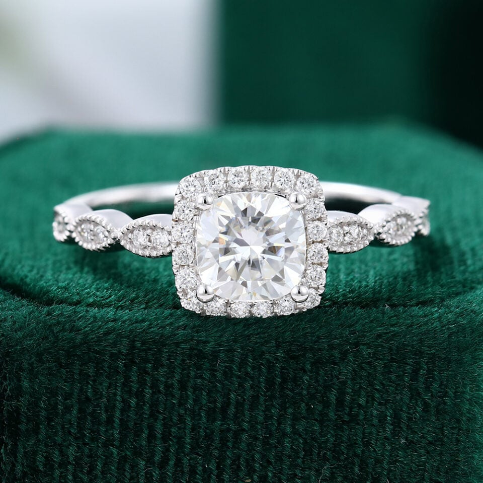 Unique Cushion Cut Moissanite Halo Engagement Ring