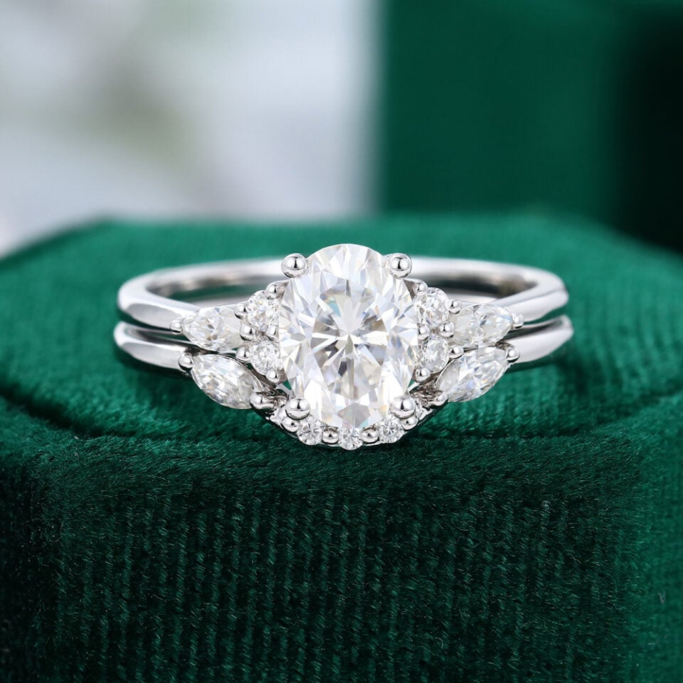 Oval Cut Moissanite Ring With Curved Wedding Band Bridal Set