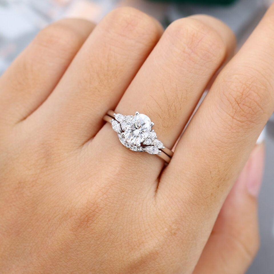 MOLLYJEWELRY White gold Oval Moissanite Ring Set
