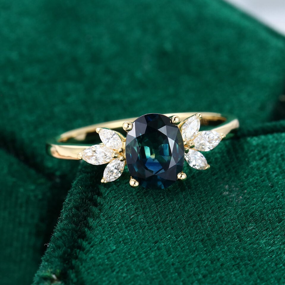 MOLLYJEWELRY Yellow Gold Oval Green Blue Sapphire Engagement Ring