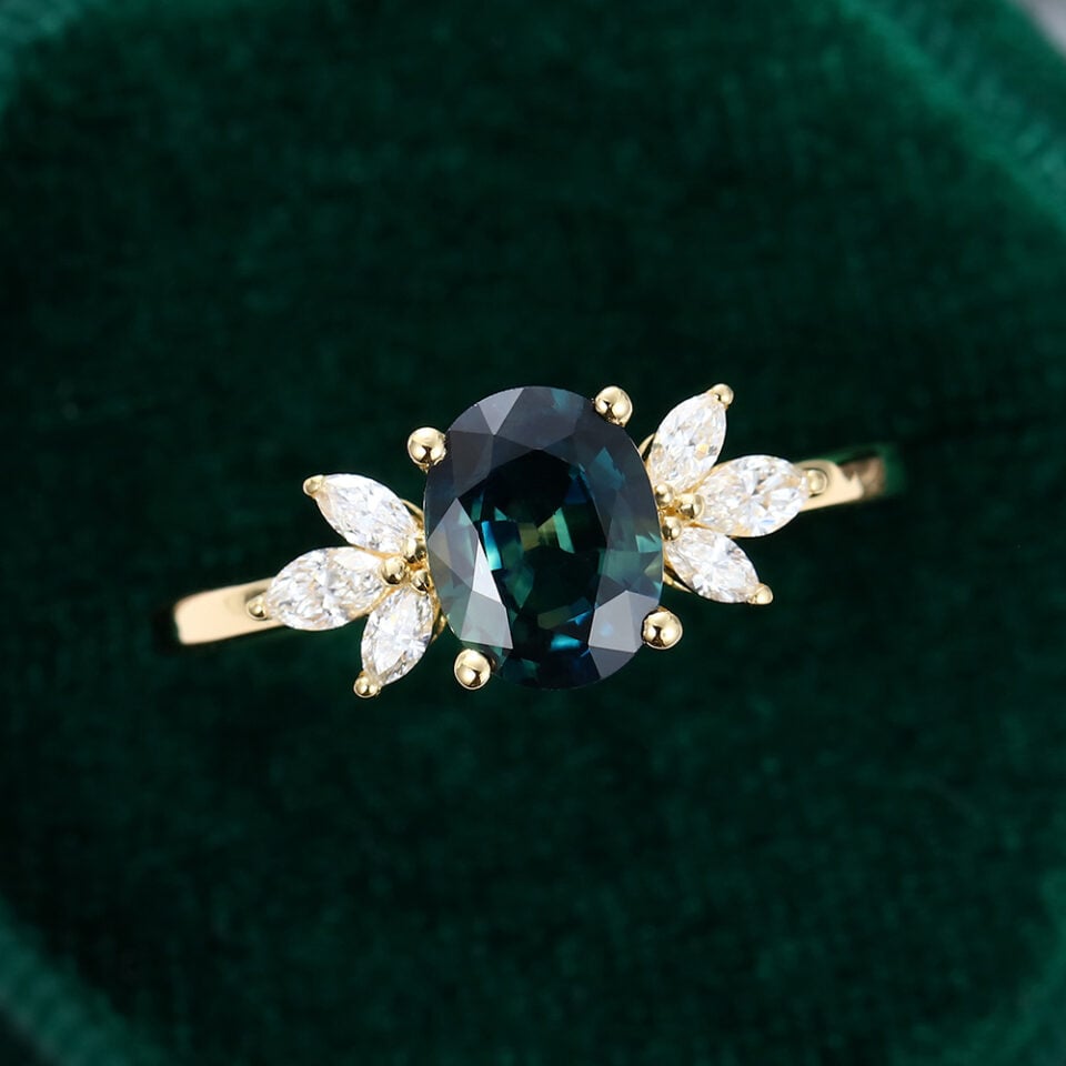 MOLLYJEWELRY Yellow Gold Oval Green Blue Sapphire Engagement Ring