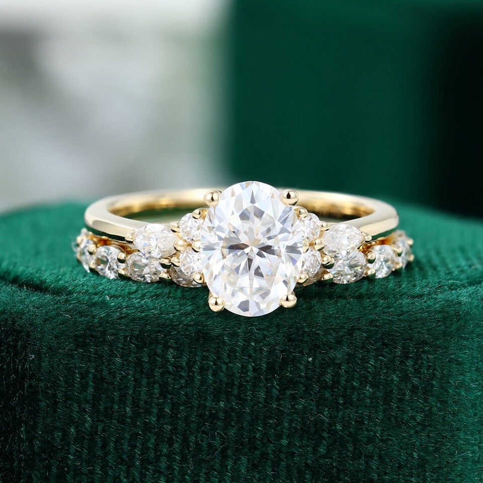 Oval Cut Moissanite Bridal Ring Set With 3/4 Eternity Band