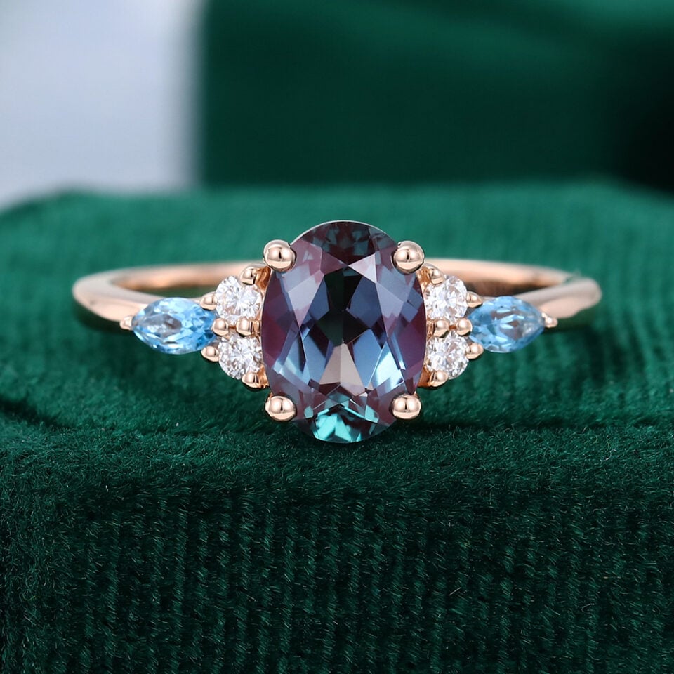 Oval Cut Gold Alexandrite Cluster Engagement Ring with Topaz Accents
