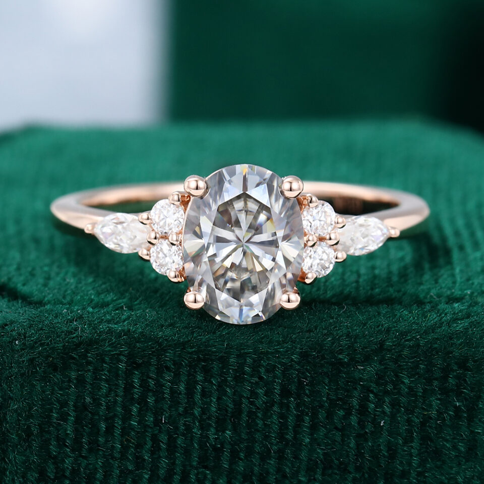 Oval Cut Grey Moissanite Engagement Ring In 14K Rose Gold