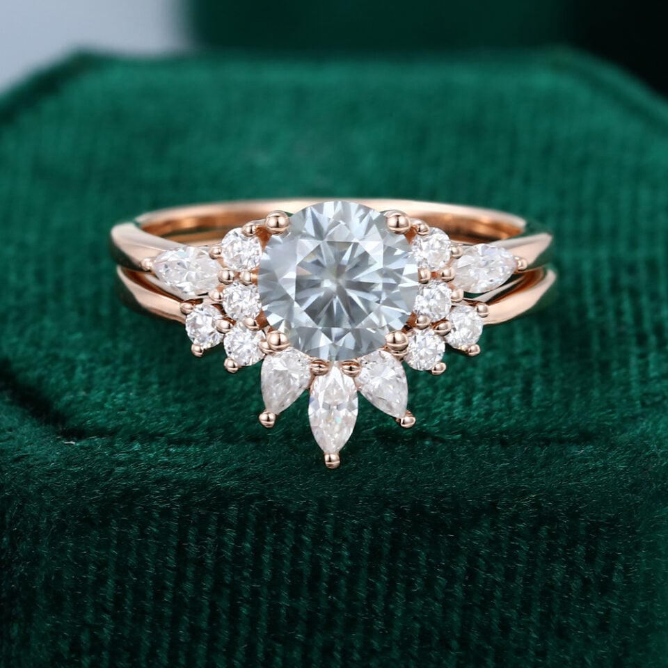Rose Gold Gray Moissanite Engagement Ring Set