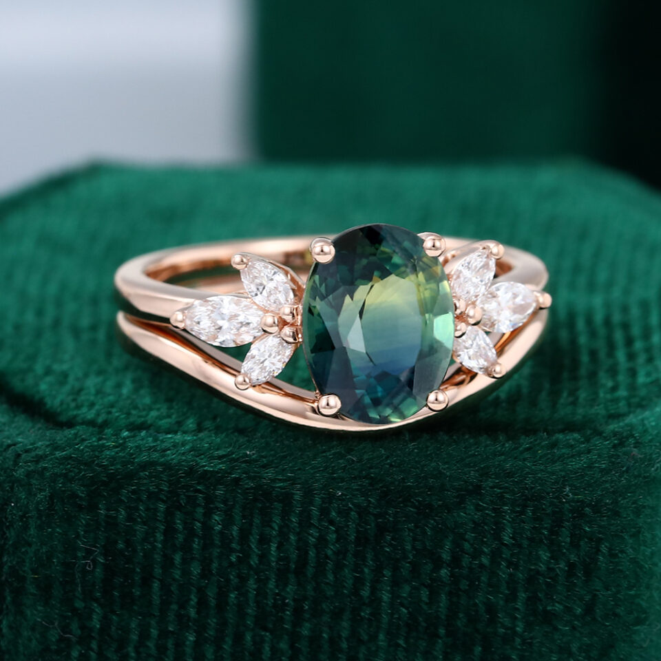 MOLLYJEWELRYUS Green Blue Sapphire Engagement Ring Set