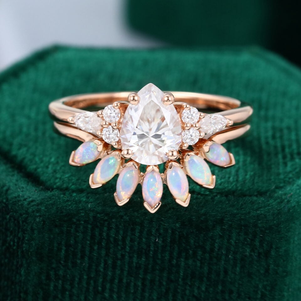 Moissanite Engagement Ring With Opal Wedding Band Bridal Set