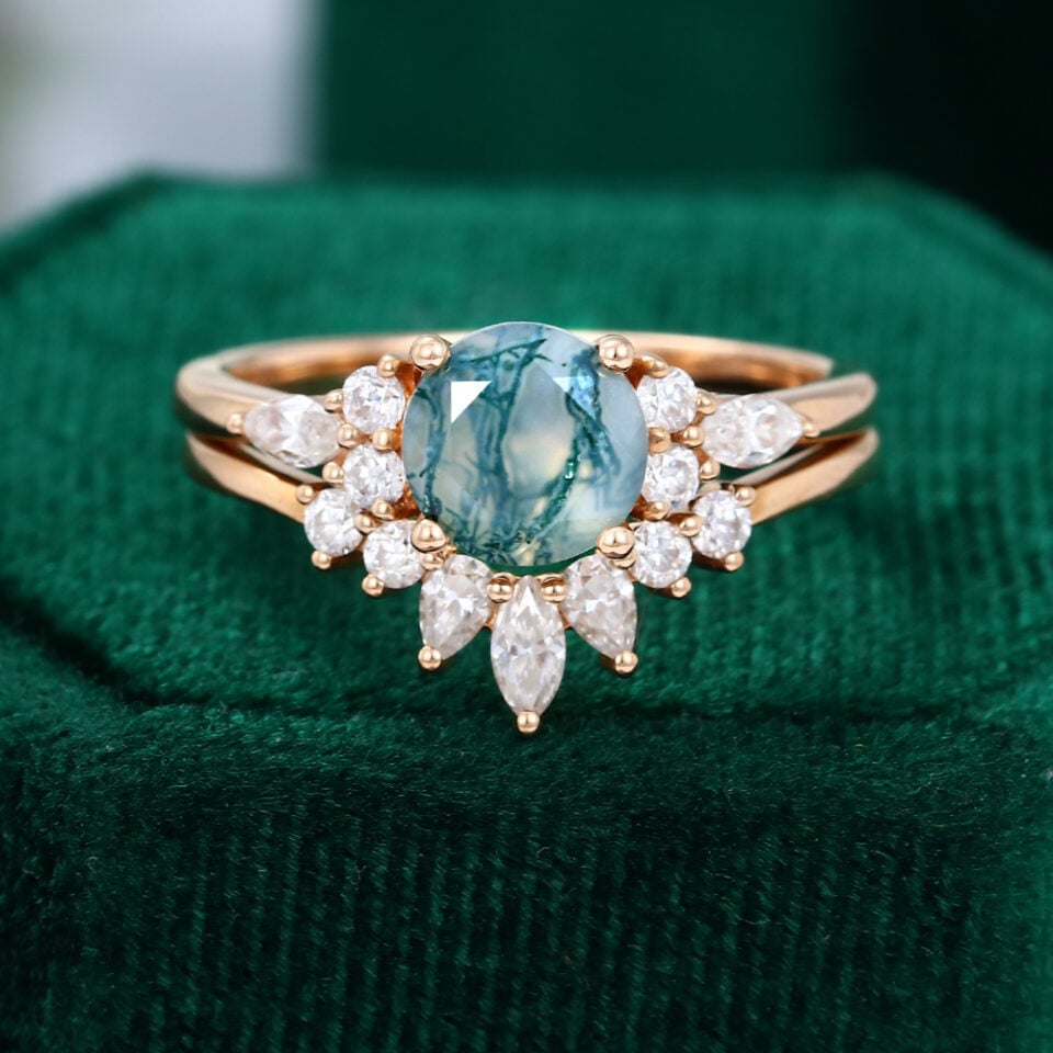 Rose Gold Moss Agate Engagement Ring Set