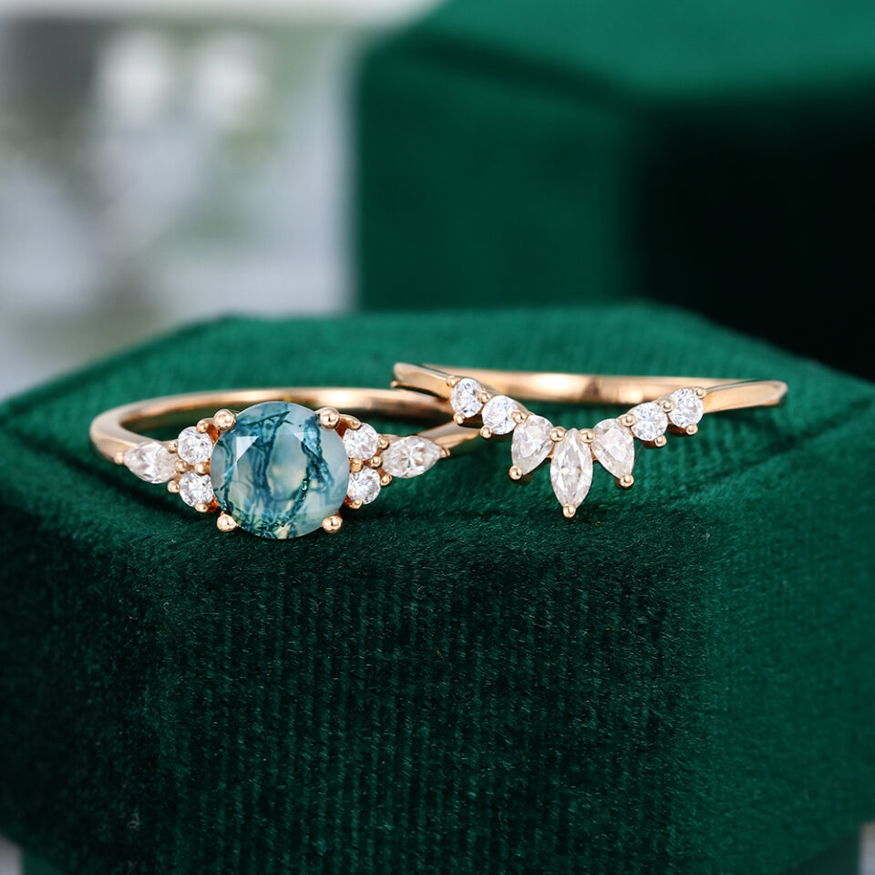 Moss Agate Engagement Ring Set