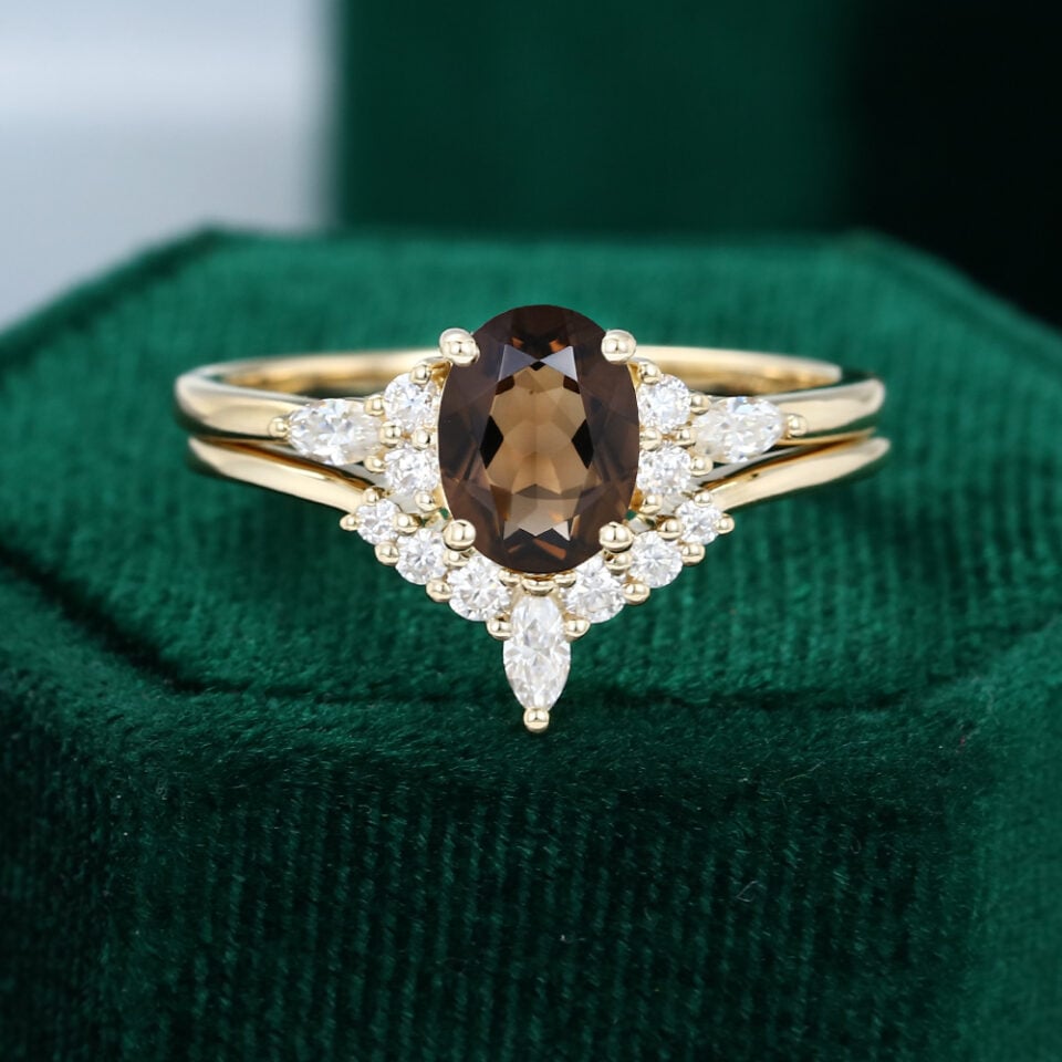 Oval Cut Smoky Quartz Engagement Ring Set