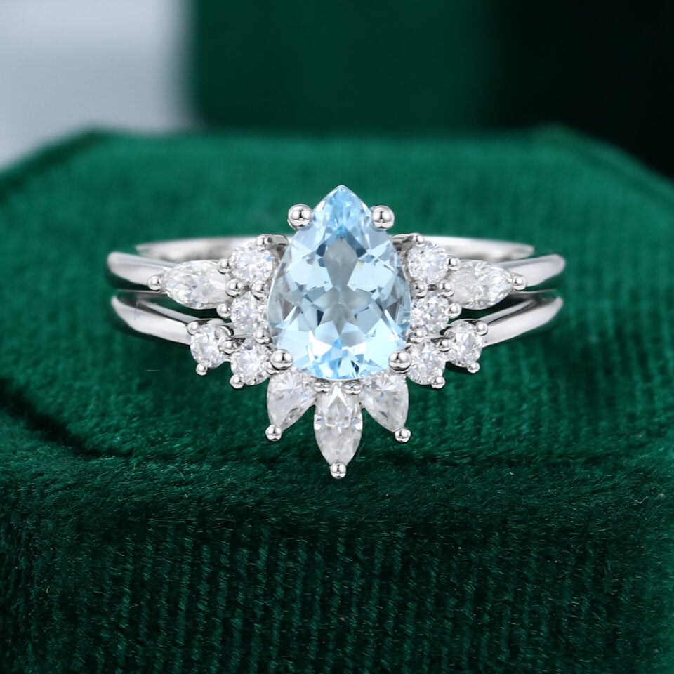 Pear Shaped Aquamarine & Moissnite Cluster Bridal Wedding Set