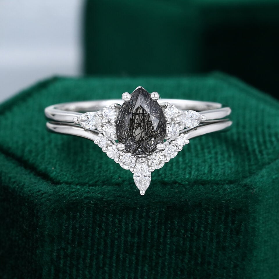 Pear Shaped Black Rutilated Quartz Classic Cluster Engagement Ring Set