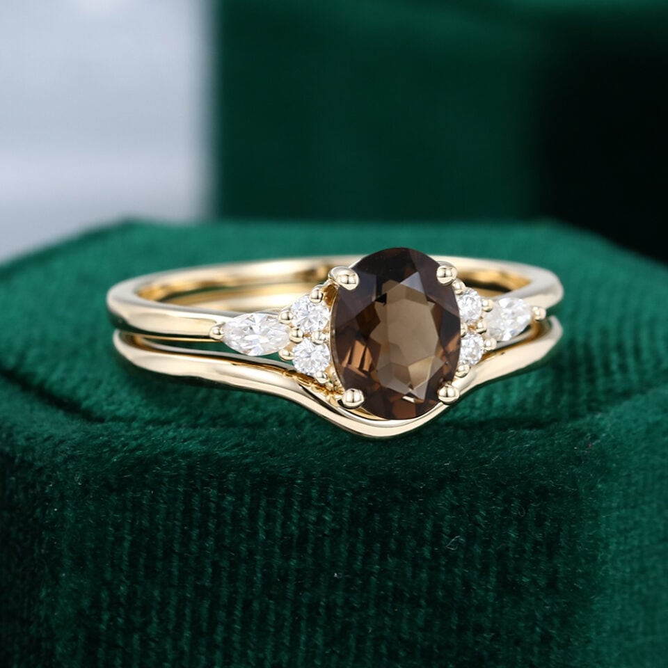 MOLLYJEWELRYUS Smoky Quartz Gold Engagement Ring Set