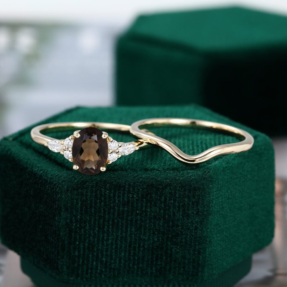 Smoky Quartz Gold Engagement Ring Set