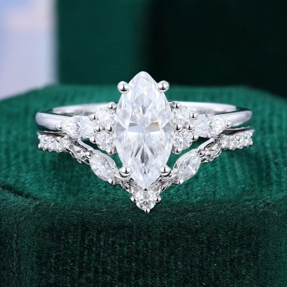 Marquise Cut Moissanite Engagement Ring Set with Carved Leaf Band