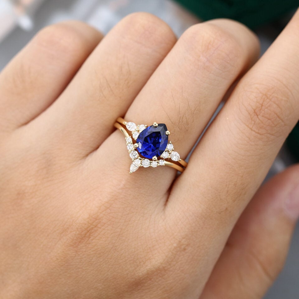 MollyjewelryUS Diamond And Sapphire Engagement Ring Set