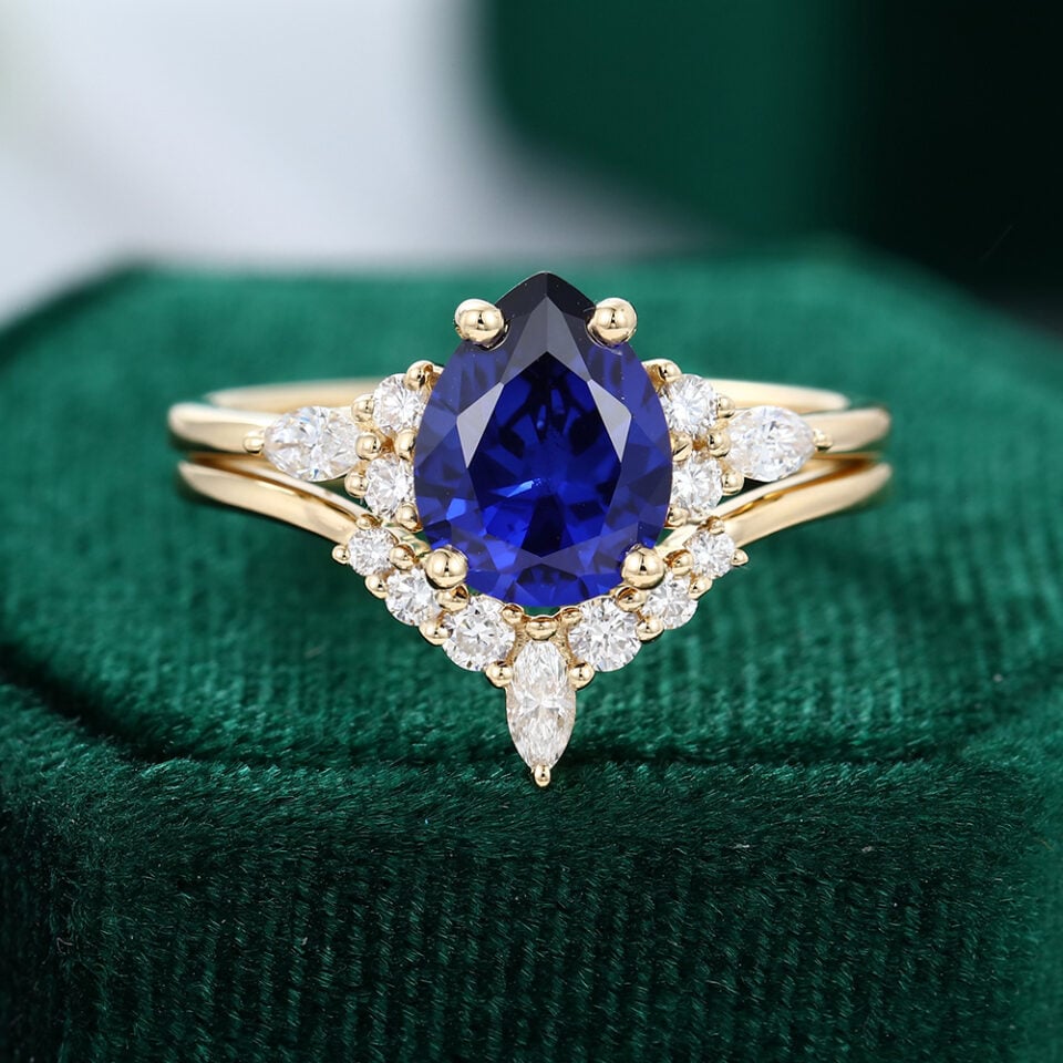Sapphire And Moissanite Engagement Ring Set
