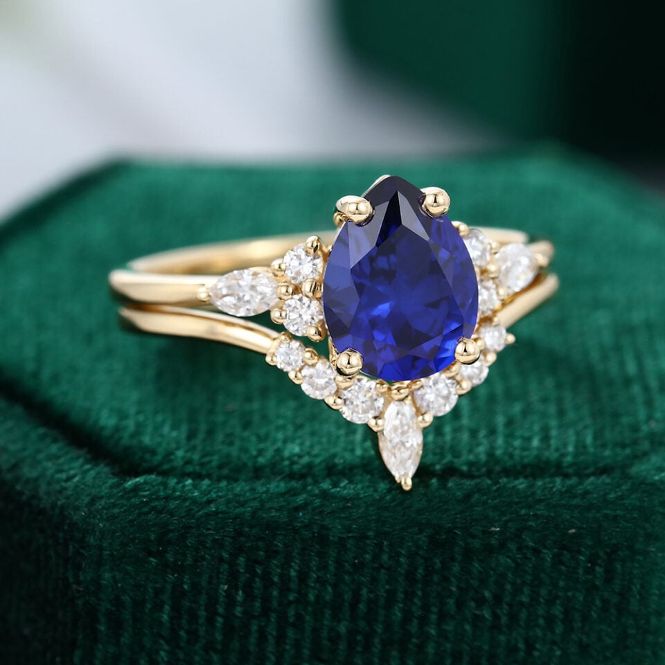 MollyjewelryUS Diamond And Sapphire Engagement Ring Set