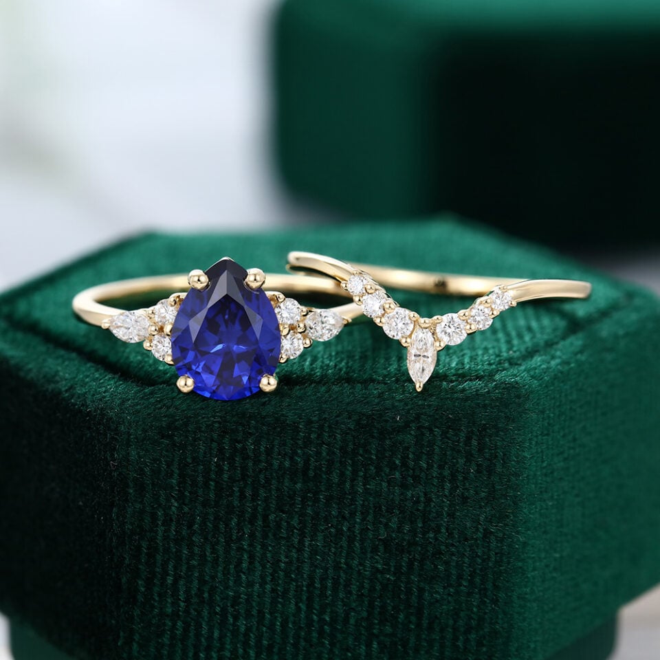 MollyjewelryUS Diamond And Sapphire Engagement Ring Set