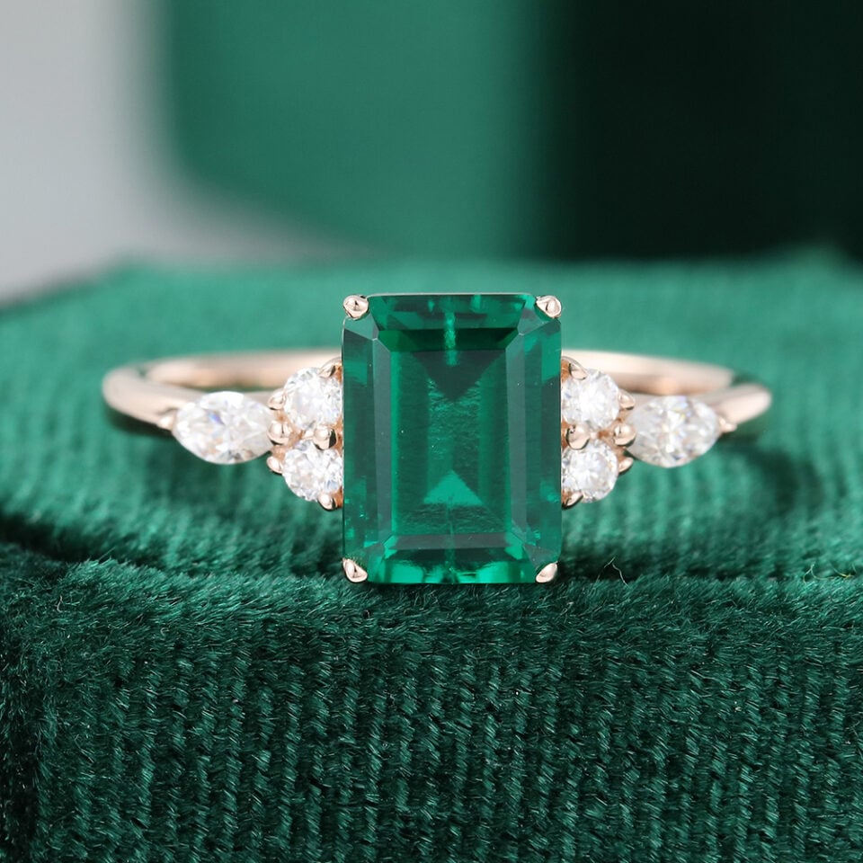 Classic Cluster | Emerald Cut Emerald Engagement Ring For Women