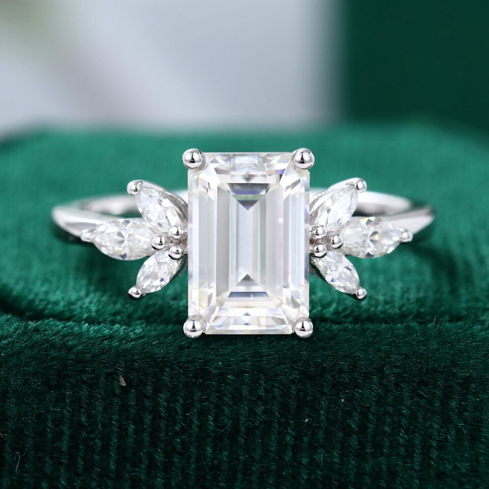 2 Carat Moissanite Emerald Cut Engagement Ring in White Gold