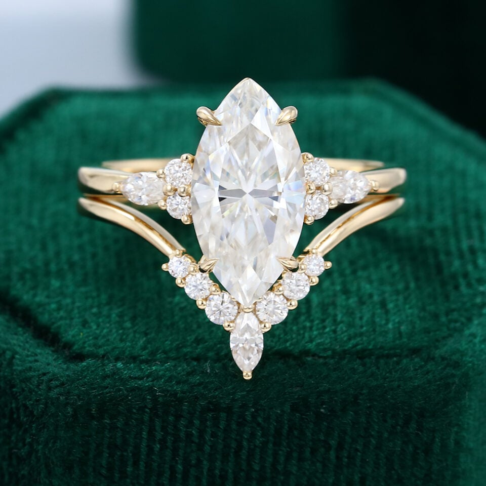Yellow Gold Marquise Moissanite Engagement Ring Set