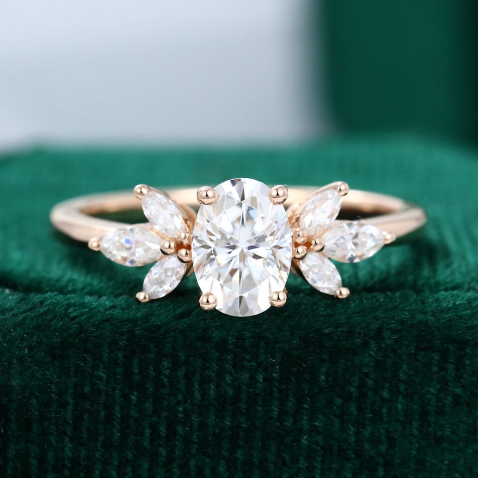 1CT Oval Cut Moissanite Petal Cluster Engagement Ring