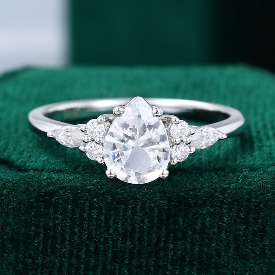 White Gold Pear Shaped White Sapphire Engagement Ring