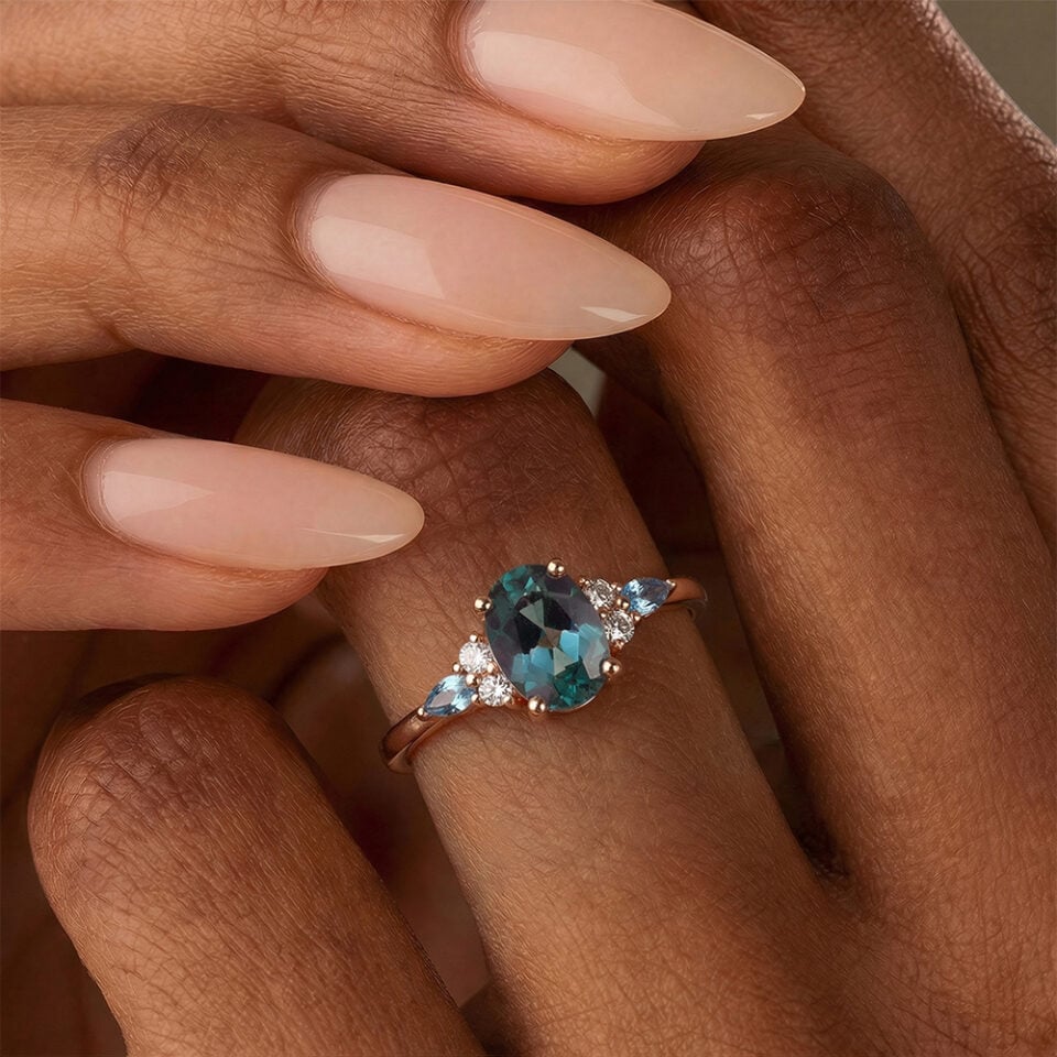 Oval Cut Gold Alexandrite Cluster Engagement Ring with Topaz Accents