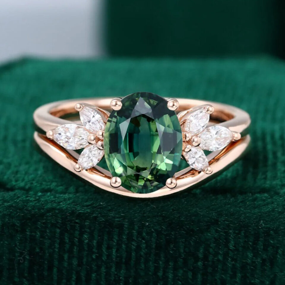 Oval Cut Green Blue Sapphire Engagement Ring Set Delicate Bridal Set