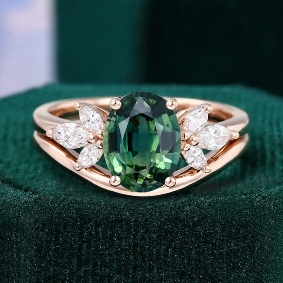 Oval Cut Green Blue Sapphire Engagement Ring Set Delicate Bridal Set