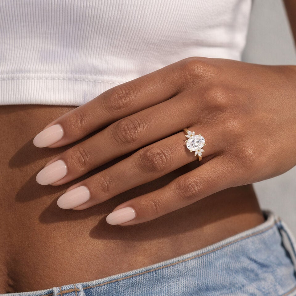Oval Cut Moissanite Engagement Ring with Marquise Cluster Accents (1)