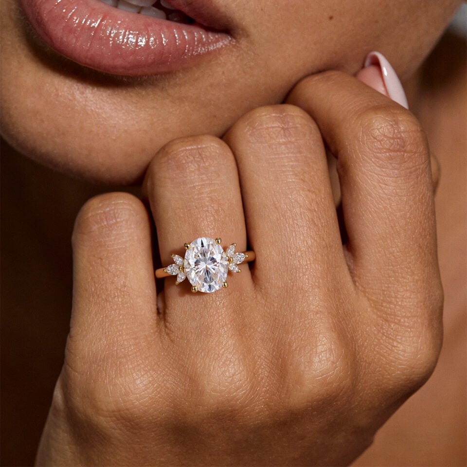 Oval Cut Moissanite Engagement Ring with Marquise Cluster Accents (2)