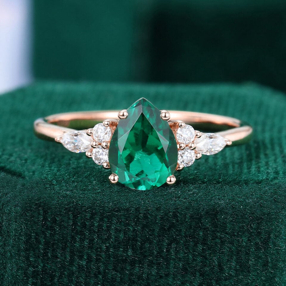 Pear Cut Emerald Engagement Ring Classic Side Stone Ring
