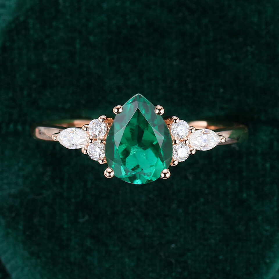 Pear Cut Emerald Engagement Ring Classic Side Stone Ring (9)