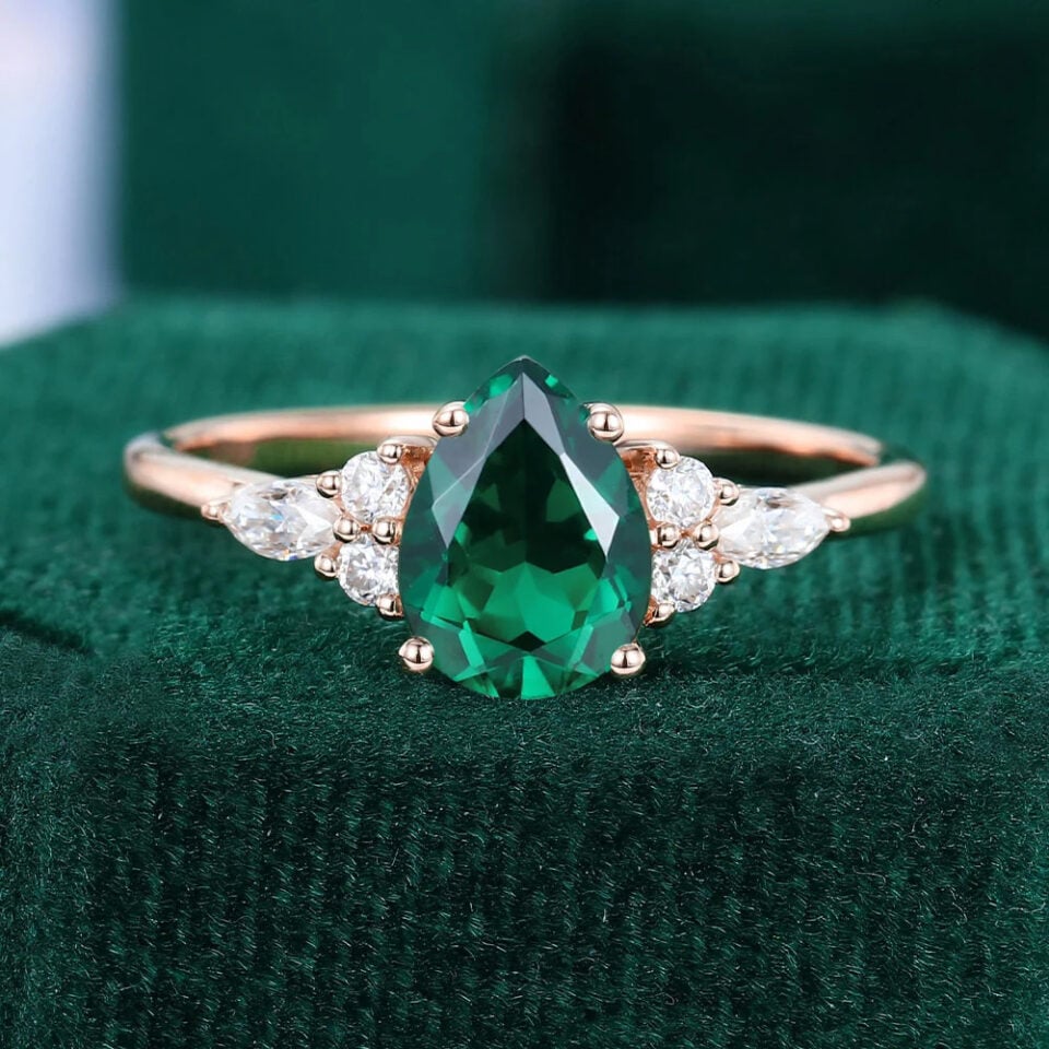 Pear Cut Emerald Engagement Ring Classic Side Stone Ring