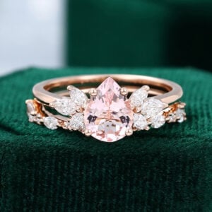 Pear Cut Pink Morganite Bridal Ring Set Moissanite Straight Wedding Ring Set