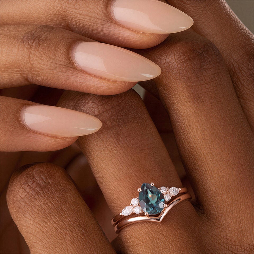 Pear Shaped Alexandrite Cluster Engagement Ring Set For Her 2pcs Matching Band (1)