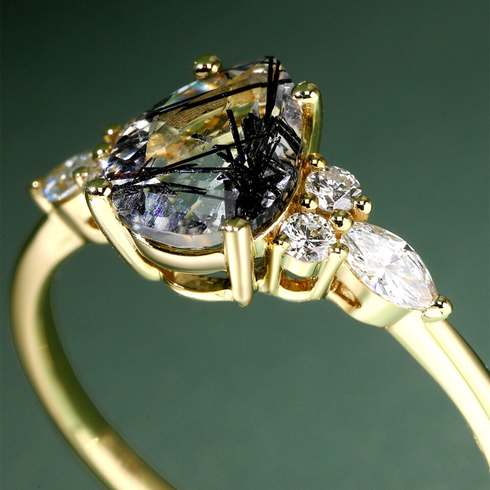 Pear Shaped Black Rutilated Quartz Classic Cluster Engagement Ring Set (5)