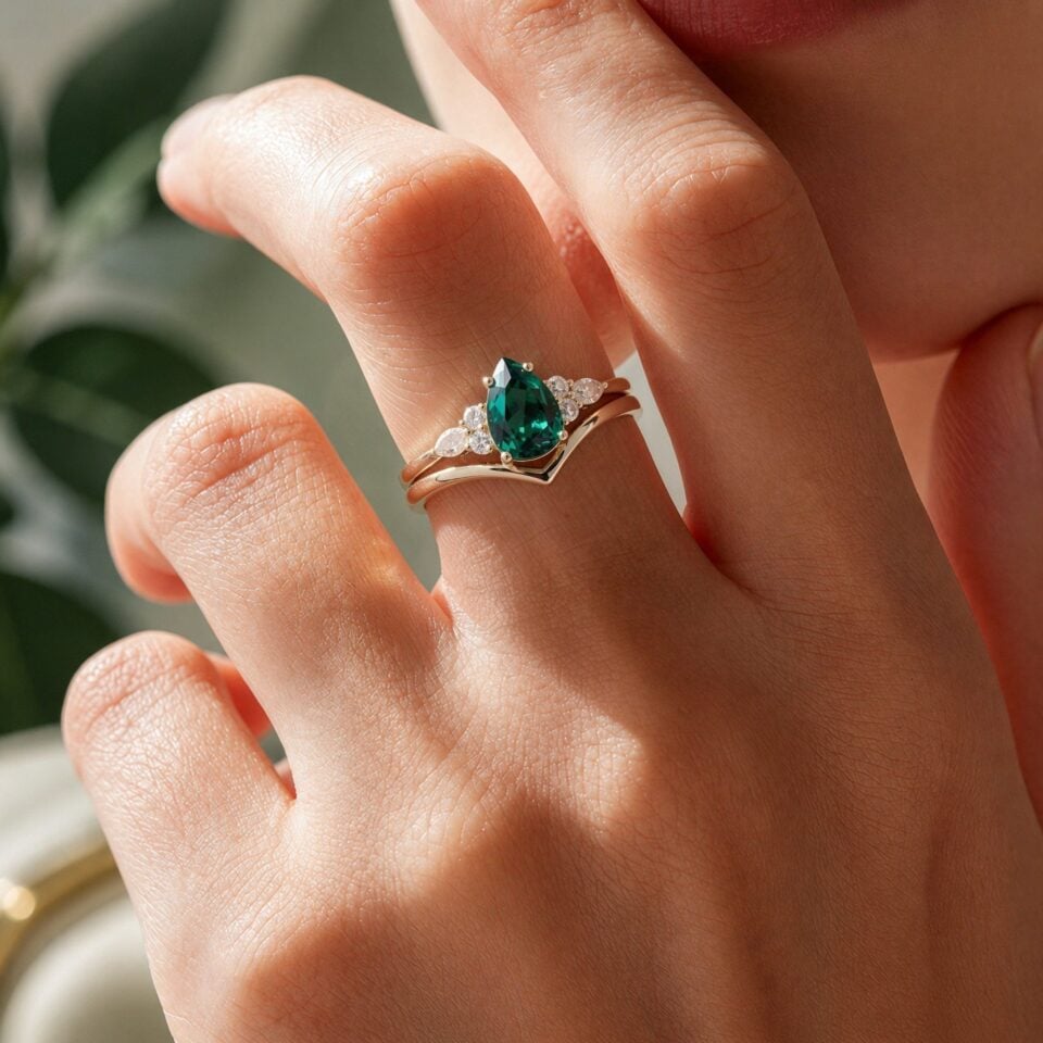 Pear Shaped Emerald Engagement Ring Set Vintage Bridal Set (2)