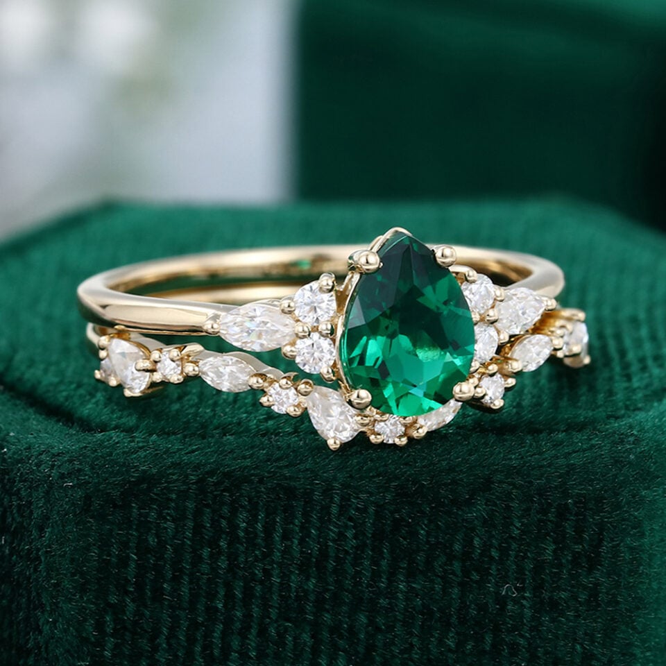 Pear Shaped Lab Emerald Engagement Ring Unique Bridal Wedding Set (3)