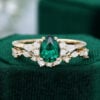 Pear shaped lab emerald engagement ring unique bridal wedding set