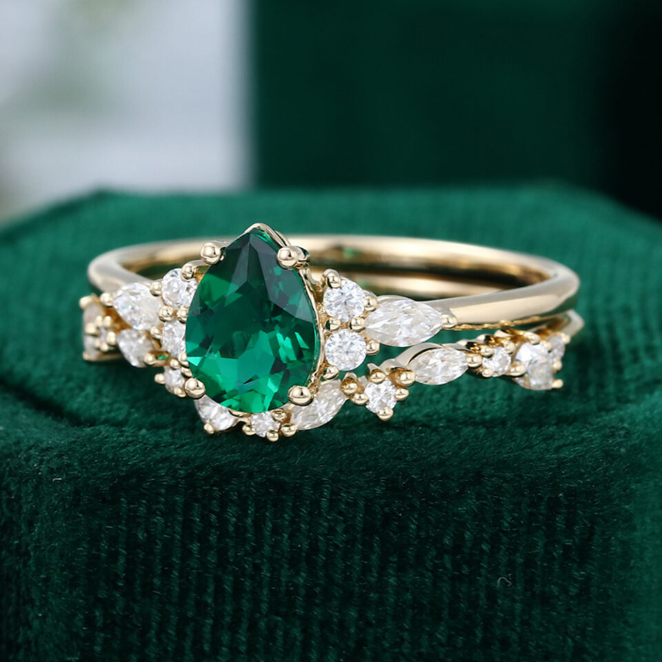 Pear Shaped Lab Emerald Engagement Ring Unique Bridal Wedding Set (5)