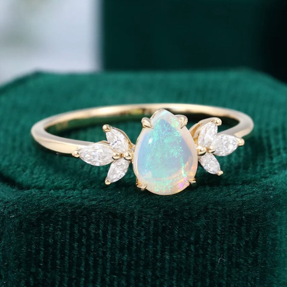 Petal Cluster Pear Shaped Opal Engagement Ring with Moissanite Accents (2)