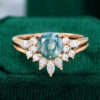 Round Cut Natural Moss Agate Cluster Engagement Ring Set